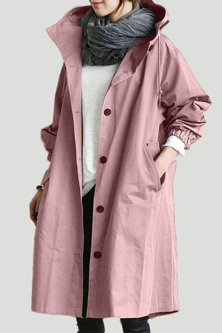 Women's Oversized Hooded Trench Coat with Pockets - Stylish Button-Up Outerwear