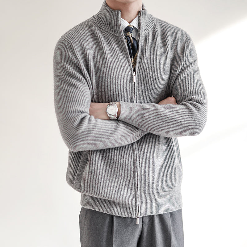 Men's Slim Fit Ribbed Zip Cardigan with Stand Collar - Stylish & Comfortable Knitwear for Casual & Smart Outfits