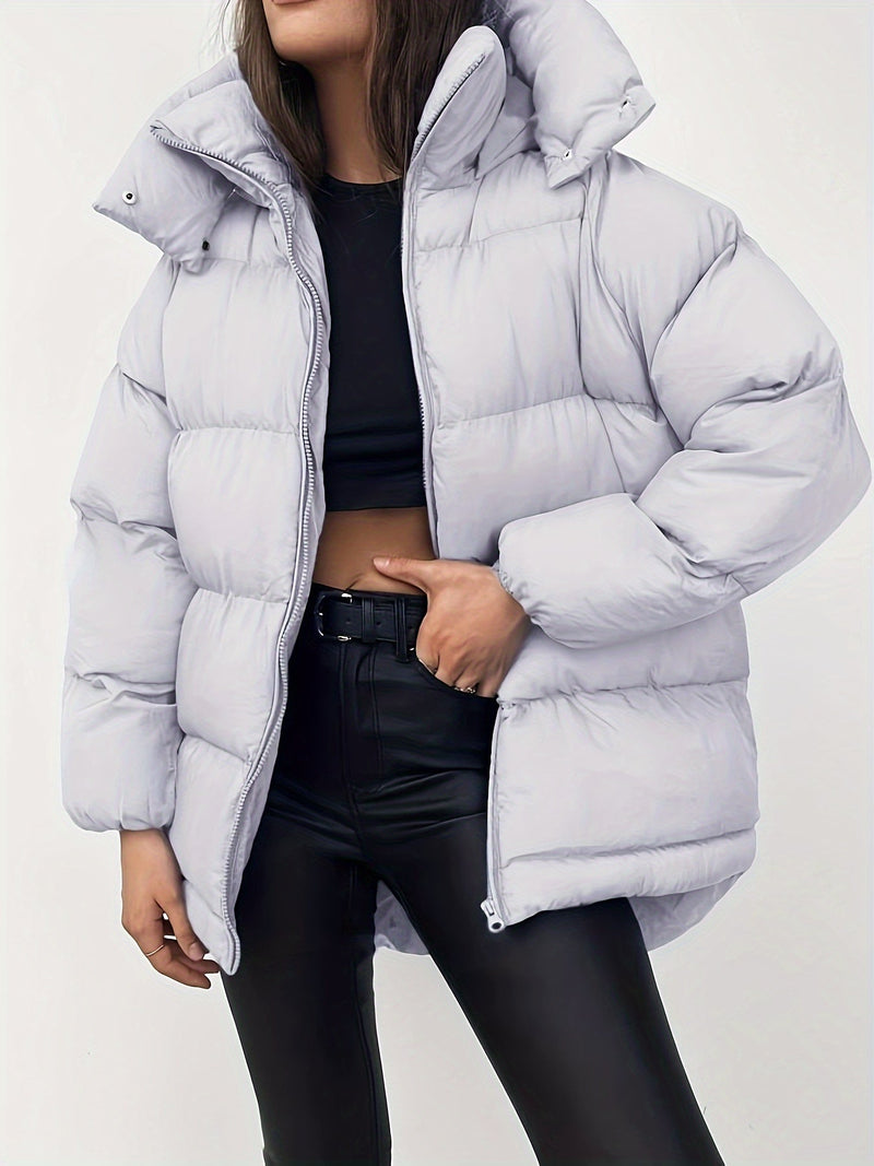 Women's Quilted Short Hooded Puffer Jacket with High Collar - Stylish & Warm Winter Outerwear