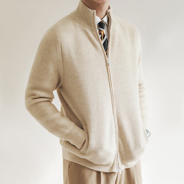 Men's Slim Fit Ribbed Zip Cardigan with Stand Collar - Stylish & Comfortable Knitwear for Casual & Smart Outfits