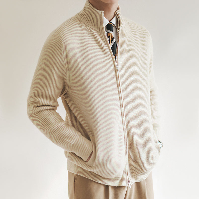 Men's Slim Fit Ribbed Zip Cardigan with Stand Collar - Stylish & Comfortable Knitwear for Casual & Smart Outfits