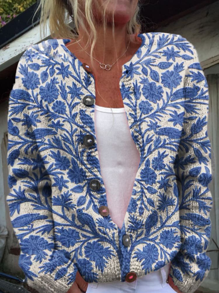 Women's Floral Knit Cardigan - Crew Neck, Button Closure, Cozy & Stylish Sweater for All Seasons