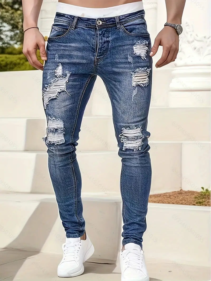 Men's Ripped Skinny Jeans - Stylish Distressed Denim Pants for a Trendy Look