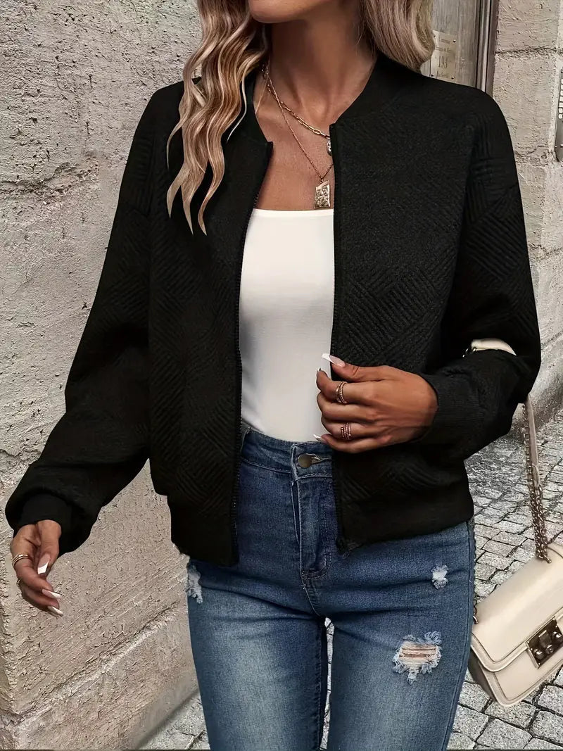Women's Textured Zip-Up Cardigan with Ribbed Hem & Long Sleeves - Cozy, Stylish Outerwear for Fall & Winter