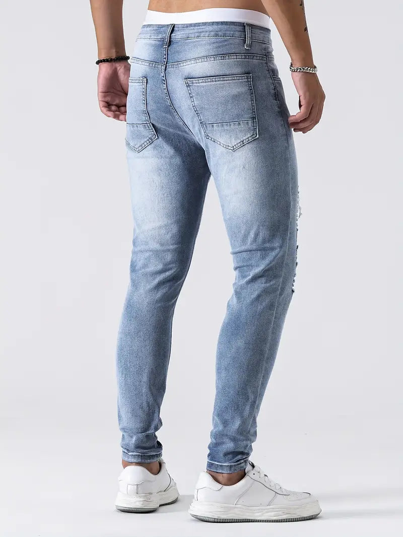 Men's Ripped Skinny Jeans - Stylish Distressed Denim Pants for a Trendy Look