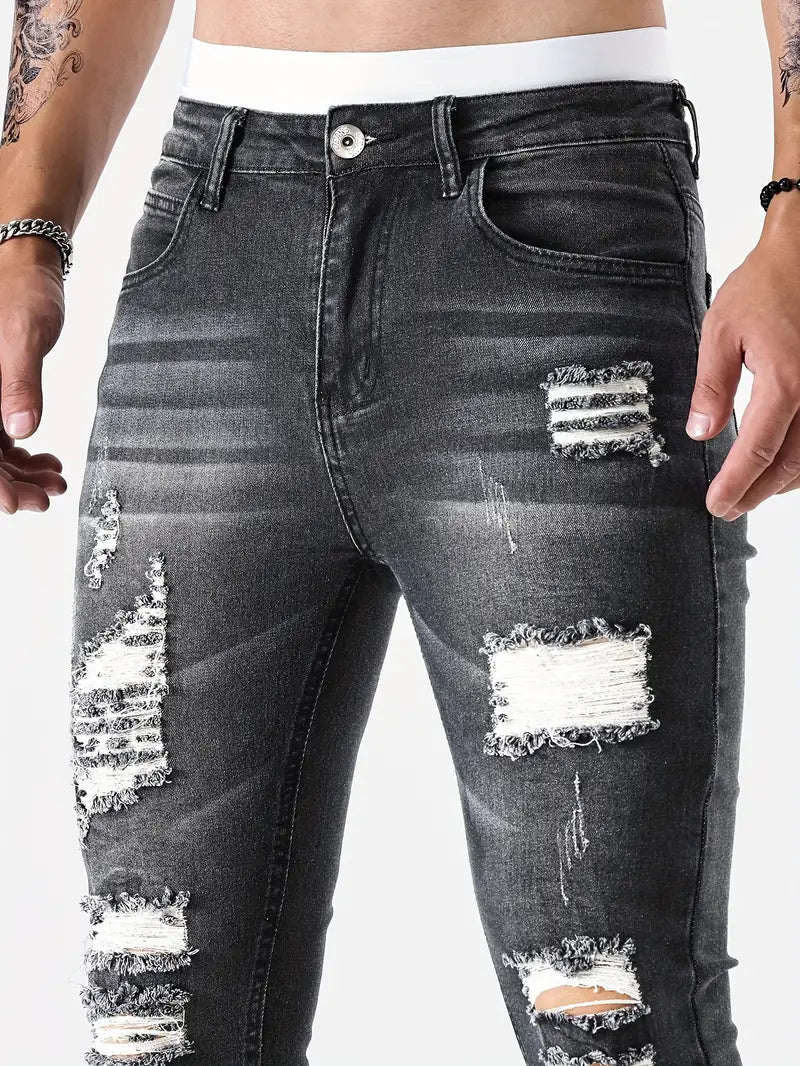 Men's Ripped Skinny Jeans - Stylish Distressed Denim Pants for a Trendy Look