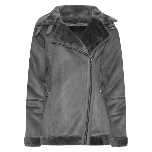 Alina Women's Grey Suede Shearling Jacket - Stylish & Cozy Outerwear