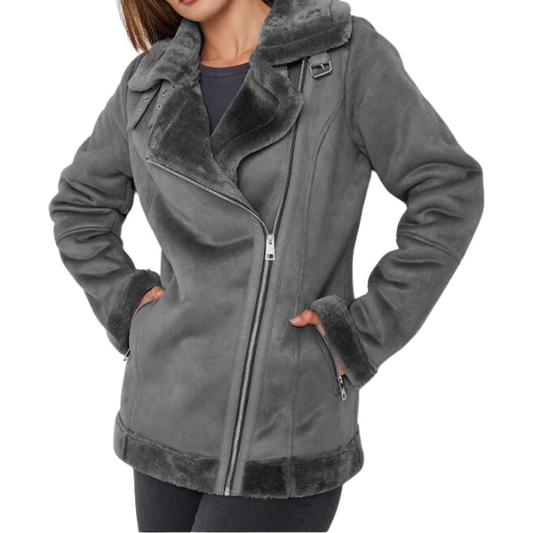 Alina Women's Grey Suede Shearling Jacket - Stylish & Cozy Outerwear