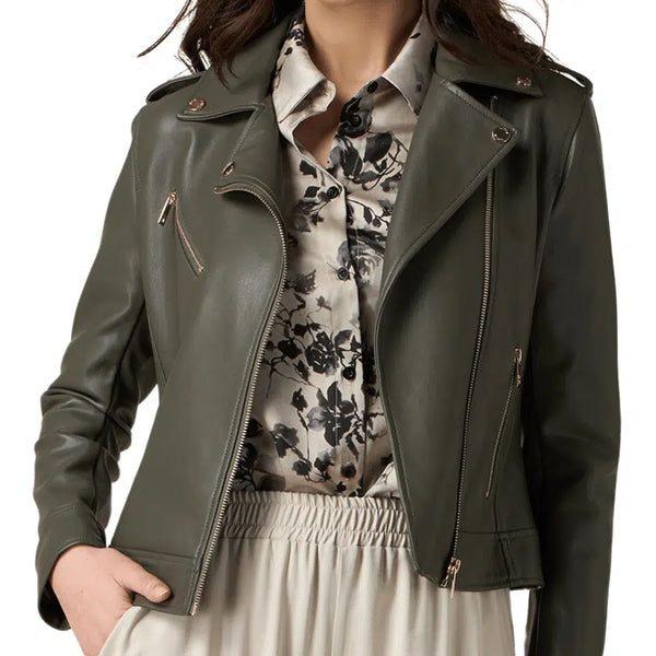 Anna Women's Army Green Leather Biker Jacket - Stylish & Durable Motorcycle Outerwear