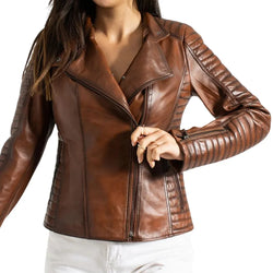 Anne Women's Quilted Brown Leather Biker Jacket - Stylish & Durable Motorcycle Outerwear