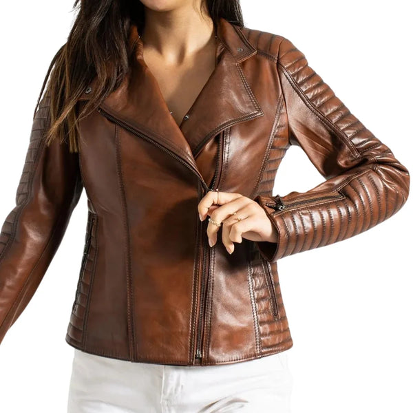 Anne Women's Quilted Brown Leather Biker Jacket - Stylish & Durable Motorcycle Outerwear