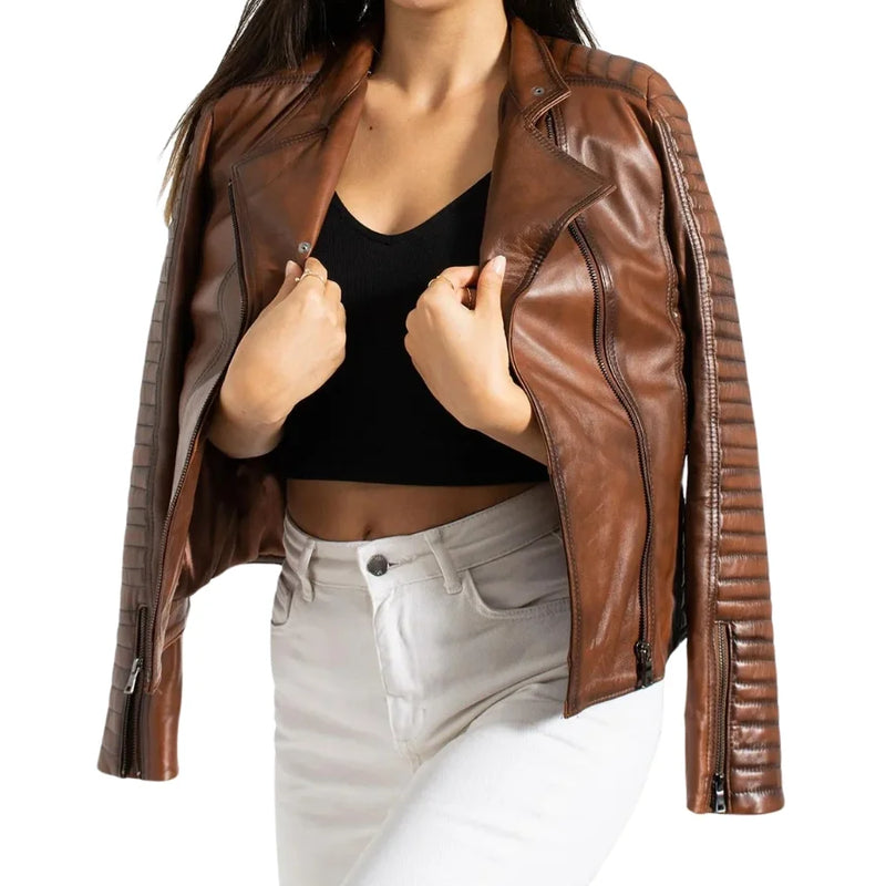 Anne Women's Quilted Brown Leather Biker Jacket - Stylish & Durable Motorcycle Outerwear