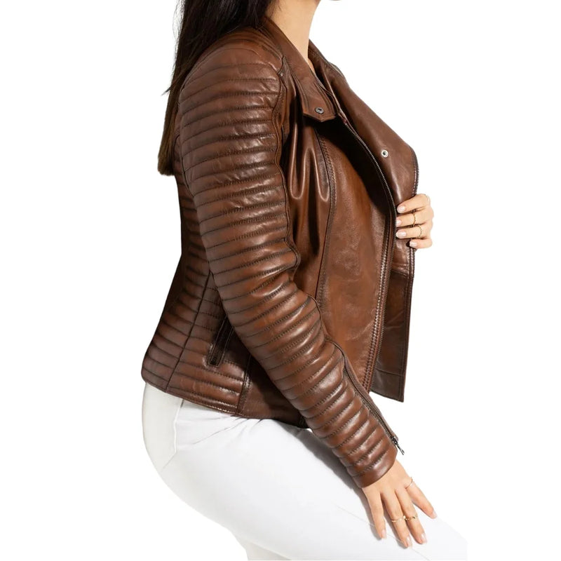 Anne Women's Quilted Brown Leather Biker Jacket - Stylish & Durable Motorcycle Outerwear