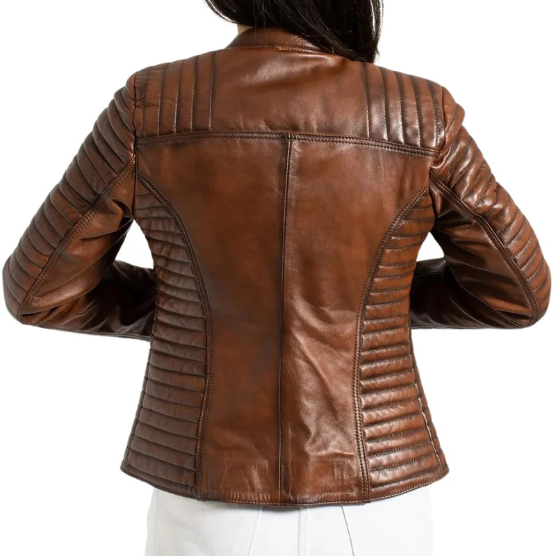 Anne Women's Quilted Brown Leather Biker Jacket - Stylish & Durable Motorcycle Outerwear