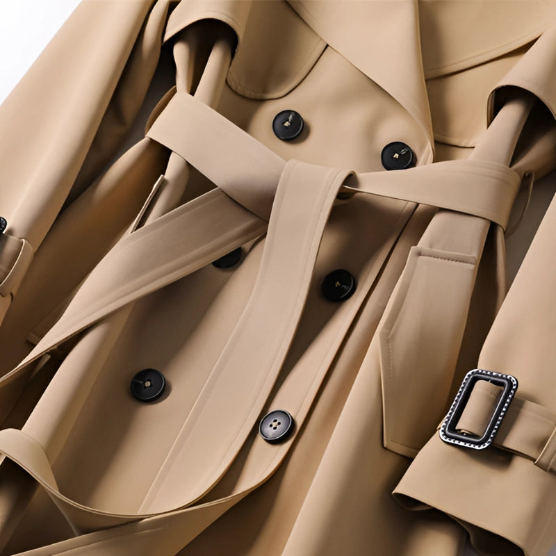 Luxury Beige Double-Breasted Long Trench Coat with Belt for Women – Stylish Fall Fashion Outerwear