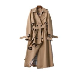 Luxury Beige Double-Breasted Long Trench Coat with Belt for Women – Stylish Fall Fashion Outerwear