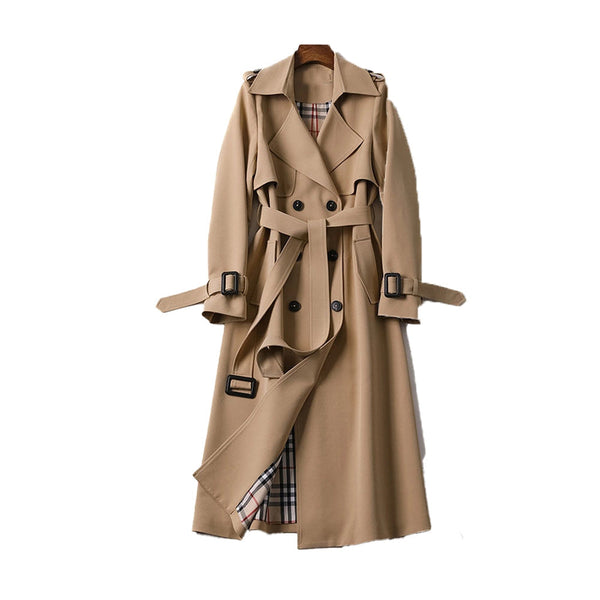 Luxury Beige Double-Breasted Long Trench Coat with Belt for Women – Stylish Fall Fashion Outerwear