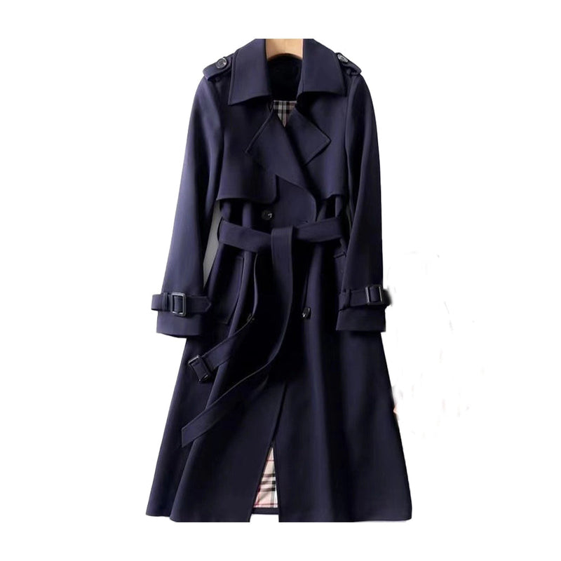 Luxury Beige Double-Breasted Long Trench Coat with Belt for Women – Stylish Fall Fashion Outerwear