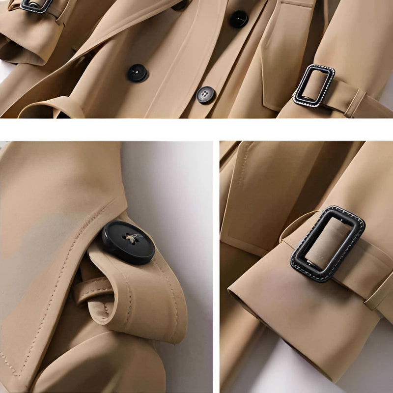 Luxury Beige Double-Breasted Long Trench Coat with Belt for Women – Stylish Fall Fashion Outerwear