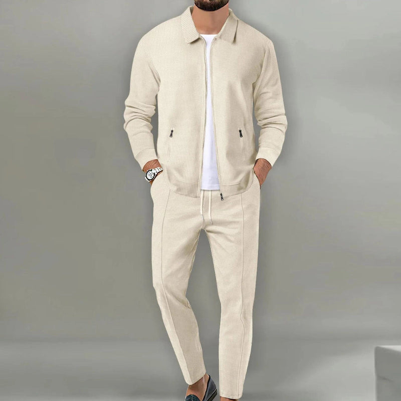 Men's Lightweight Beige Textured Tracksuit - Stylish Jacket & Jogger Set for Comfort and Performance