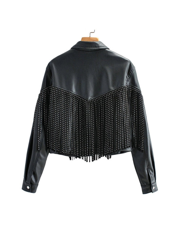 Trendy Black Cropped Women's Studded Fringe Leather Jacket - Designer Style for Fashion-Forward Looks