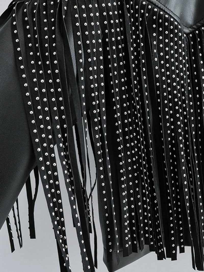 Trendy Black Cropped Women's Studded Fringe Leather Jacket - Designer Style for Fashion-Forward Looks