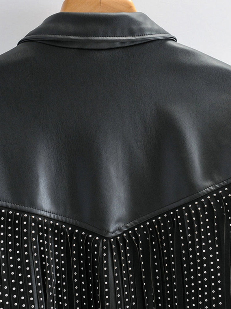 Trendy Black Cropped Women's Studded Fringe Leather Jacket - Designer Style for Fashion-Forward Looks