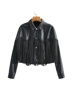 Trendy Black Cropped Women's Studded Fringe Leather Jacket - Designer Style for Fashion-Forward Looks