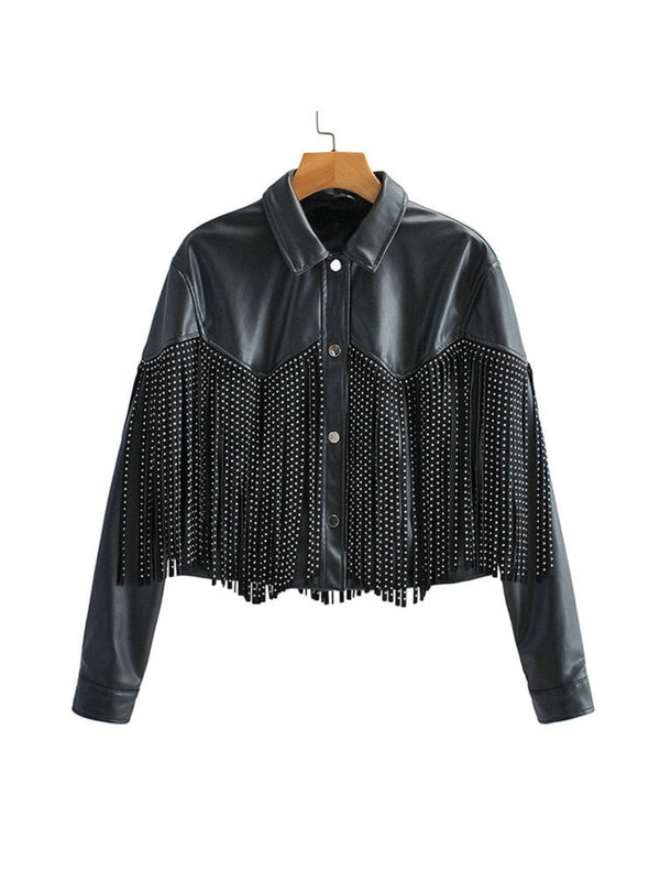 Trendy Black Cropped Women's Studded Fringe Leather Jacket - Designer Style for Fashion-Forward Looks