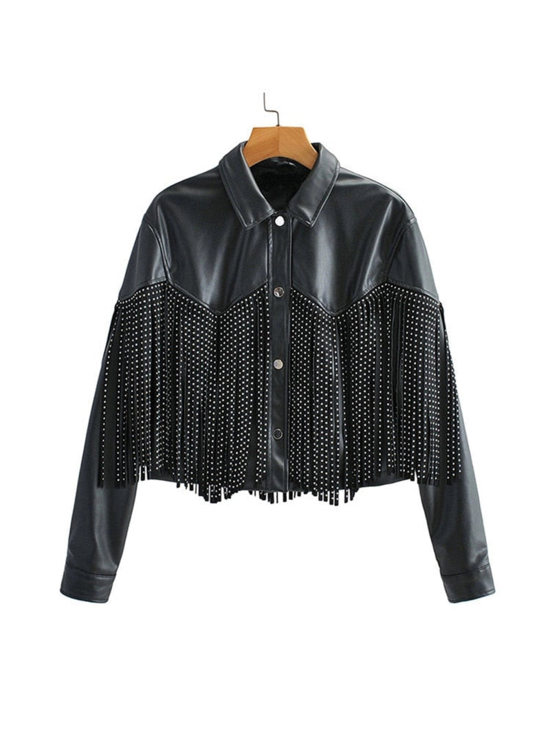 Trendy Black Cropped Women's Studded Fringe Leather Jacket - Designer Style for Fashion-Forward Looks