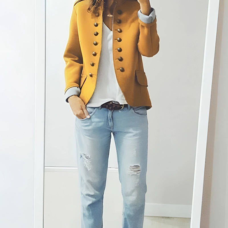 Chic Black Women's Double-Breasted Military Jacket with Silver Buttons - Trendy Autumn Outerwear