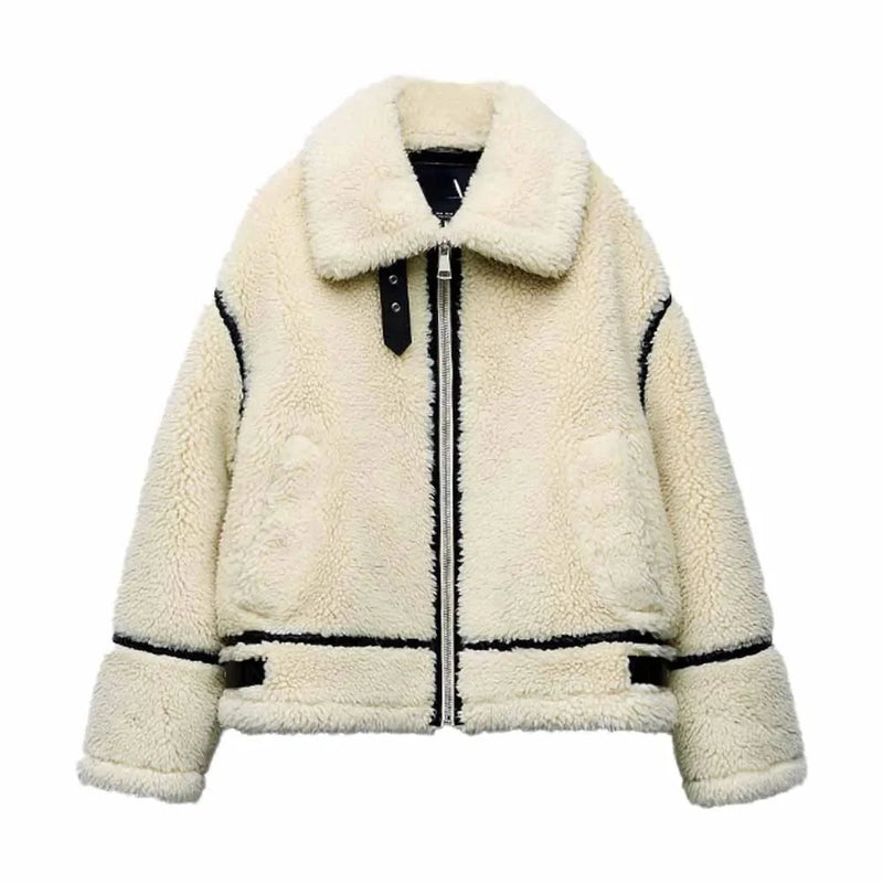 Trendy Ivory Sherpa Women's Fleece Jacket - Cozy Zip-Up Winter Coat for Ultimate Warmth
