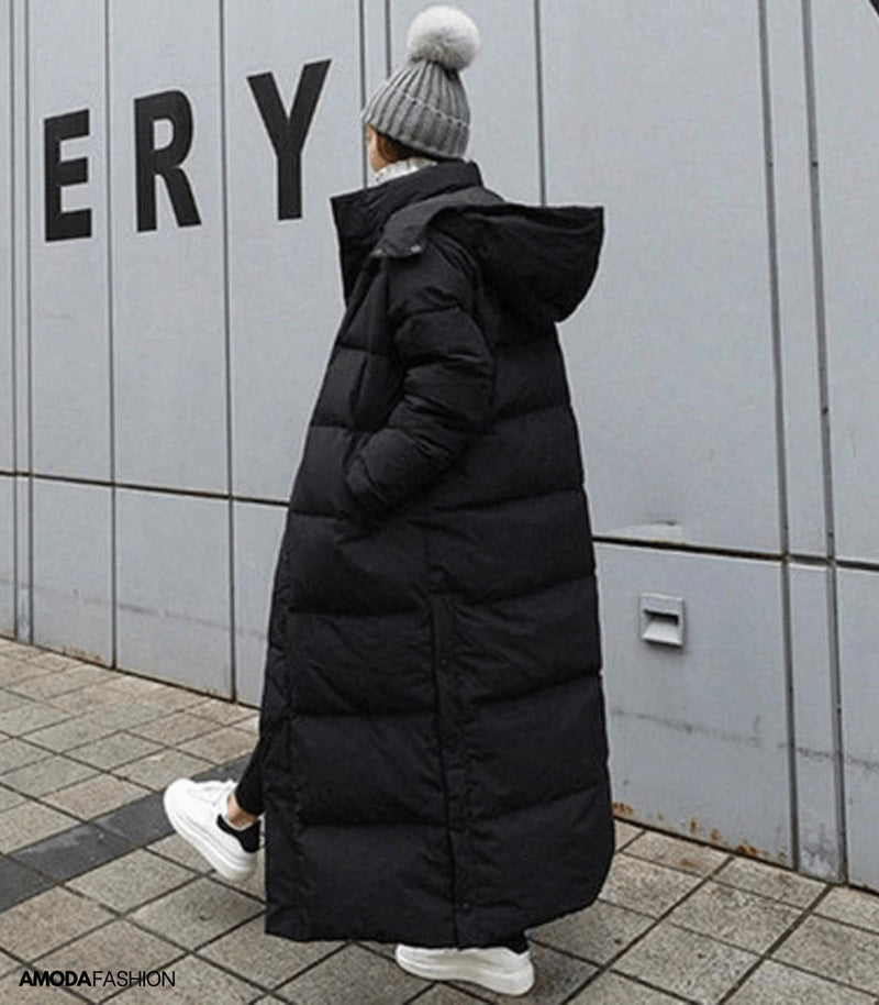 Women's Oversized Long Black Puffer Coat - Full-Length Quilted Jacket for Ultimate Warmth and Style