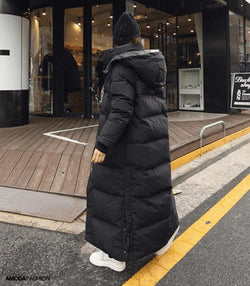 Women's Oversized Long Black Puffer Coat - Full-Length Quilted Jacket for Ultimate Warmth and Style