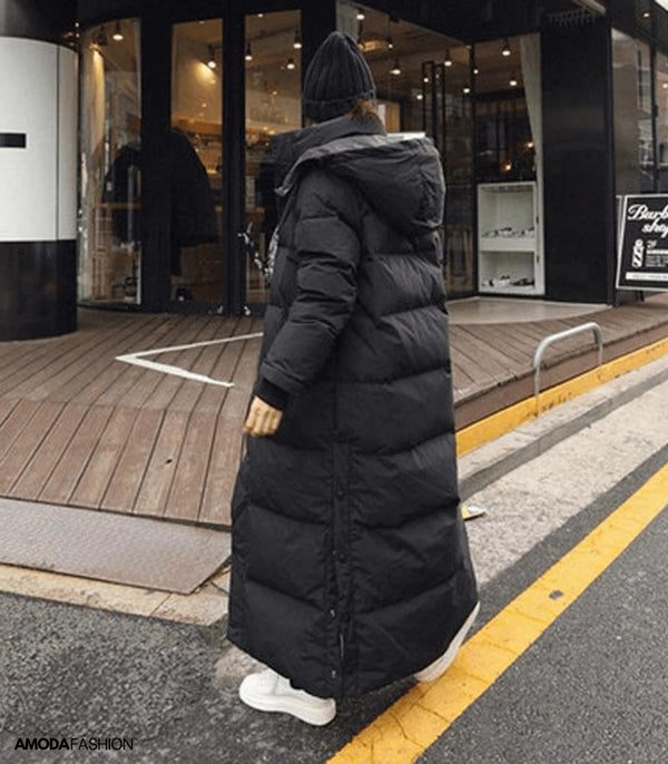 Women's Oversized Long Black Puffer Coat - Full-Length Quilted Jacket for Ultimate Warmth and Style