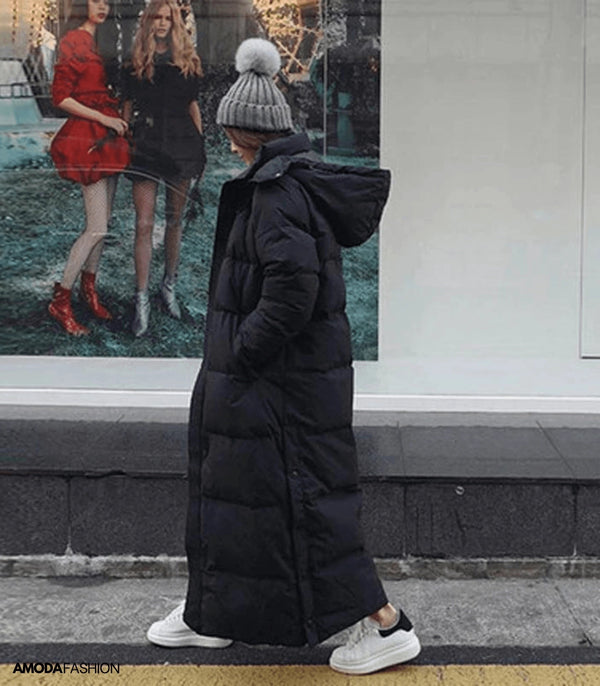 Women's Oversized Long Black Puffer Coat - Full-Length Quilted Jacket for Ultimate Warmth and Style