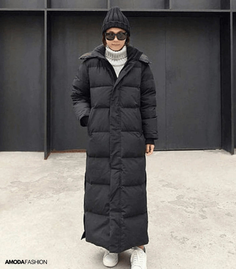 Women's Oversized Long Black Puffer Coat - Full-Length Quilted Jacket for Ultimate Warmth and Style