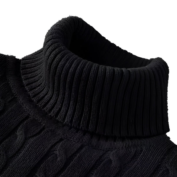 Luxury Black Cable Knit Turtleneck Sweater - Thick Wool, Ribbed Collar, Cozy & Stylish Knitwear for Women