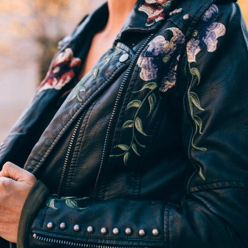 Luxury Women's Floral Embroidered Leather Jacket - Designer Fashion Outerwear