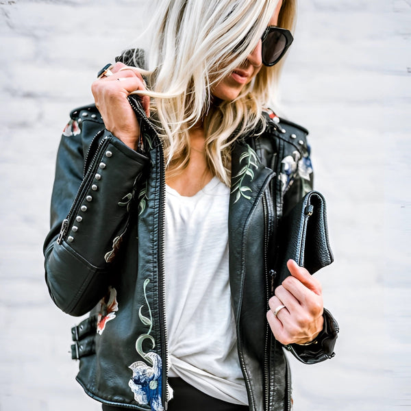 Luxury Women's Floral Embroidered Leather Jacket - Designer Fashion Outerwear