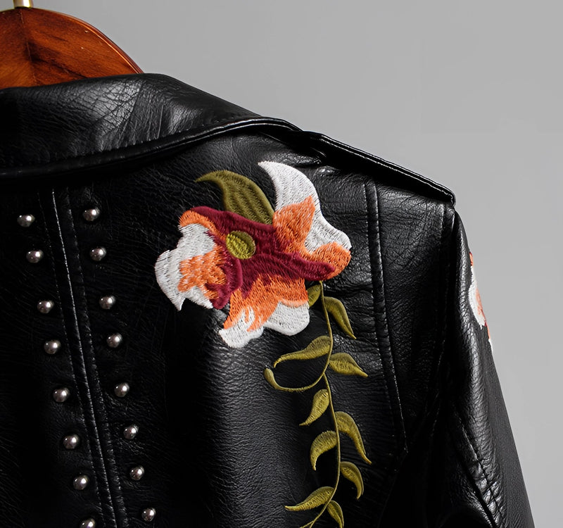 Luxury Women's Floral Embroidered Leather Jacket - Designer Fashion Outerwear
