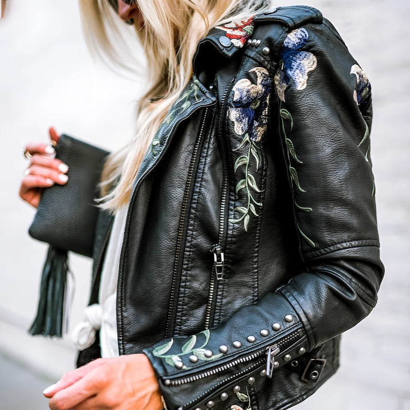 Luxury Women's Floral Embroidered Leather Jacket - Designer Fashion Outerwear