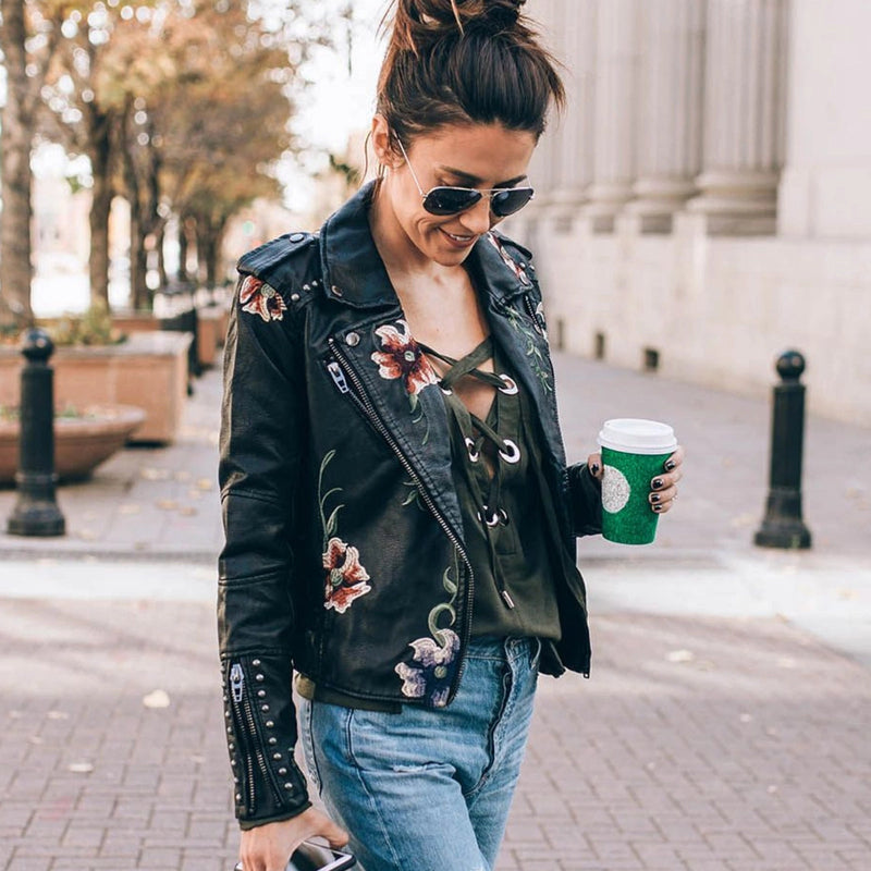 Luxury Women's Floral Embroidered Leather Jacket - Designer Fashion Outerwear