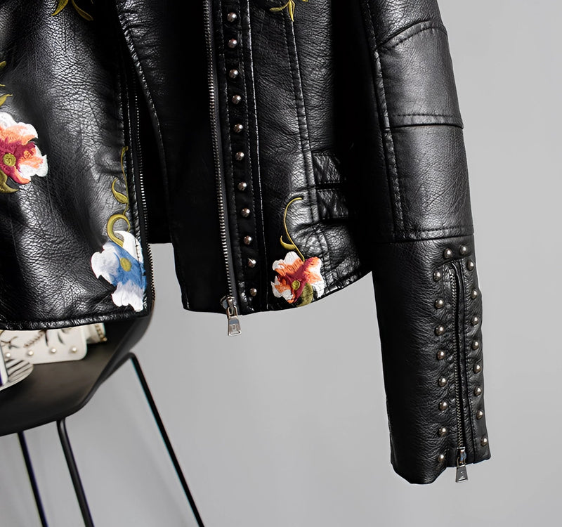 Luxury Women's Floral Embroidered Leather Jacket - Designer Fashion Outerwear