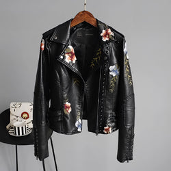 Luxury Women's Floral Embroidered Leather Jacket - Designer Fashion Outerwear