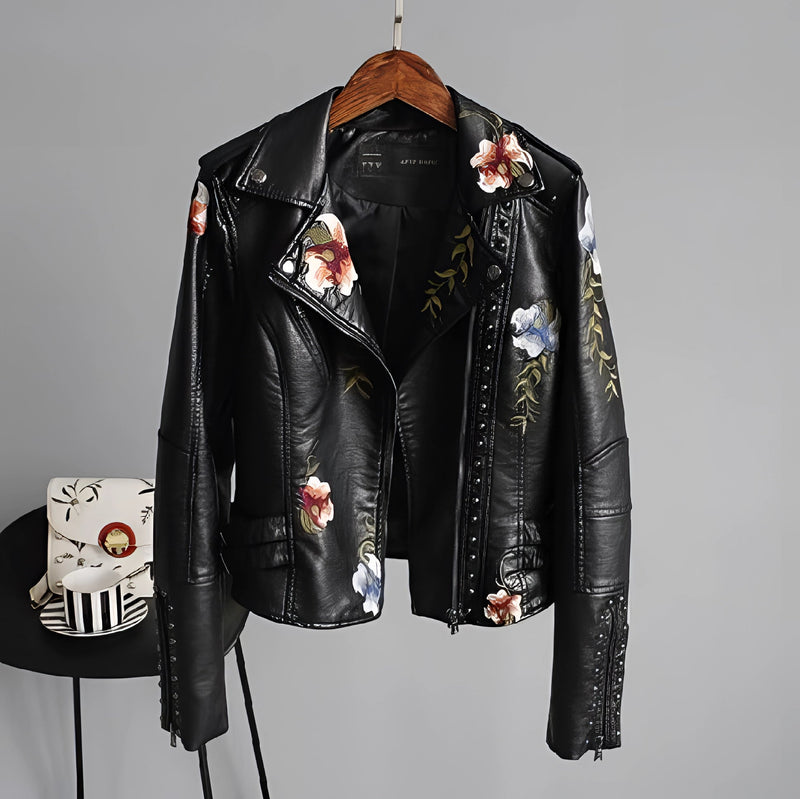Luxury Women's Floral Embroidered Leather Jacket - Designer Fashion Outerwear