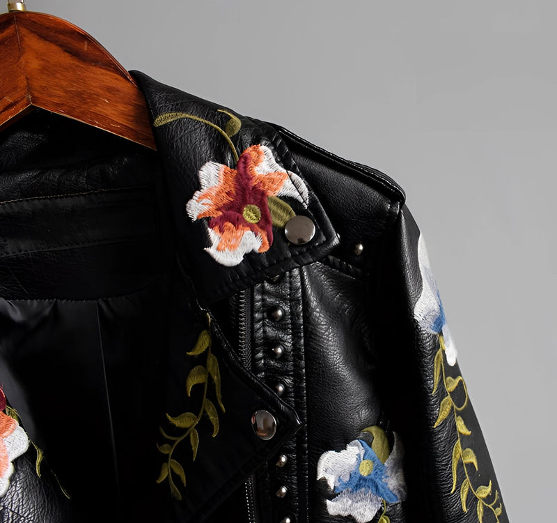 Luxury Women's Floral Embroidered Leather Jacket - Designer Fashion Outerwear