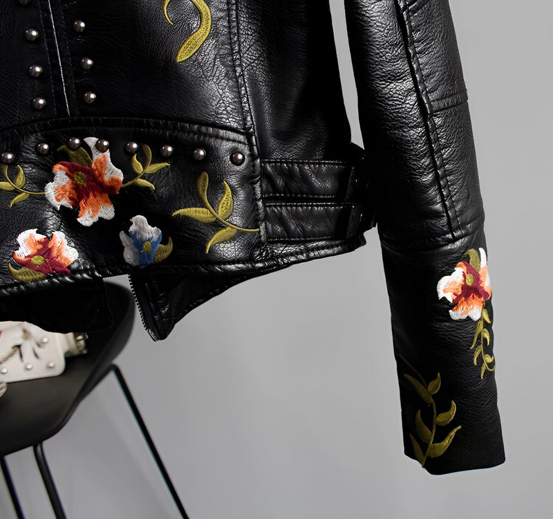 Luxury Women's Floral Embroidered Leather Jacket - Designer Fashion Outerwear
