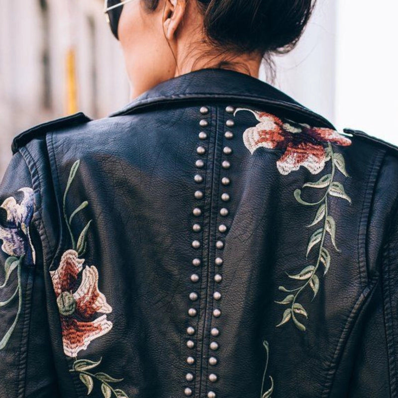 Luxury Women's Floral Embroidered Leather Jacket - Designer Fashion Outerwear