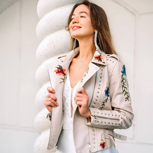 Luxury Women's Floral Embroidered Leather Jacket - Designer Fashion Outerwear